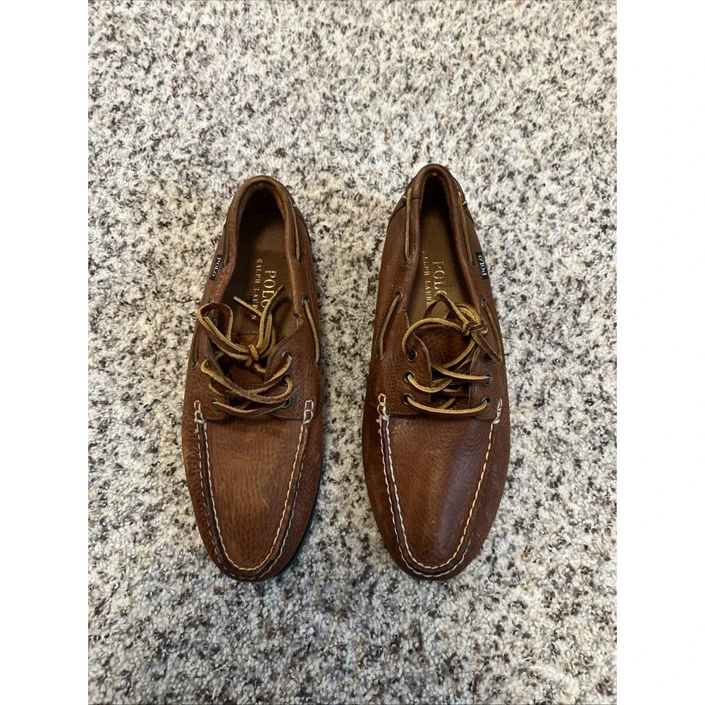 Polo‎ Ralph Lauren New Bienne Tan Leather Boat Shoe Loafer Size 8.5 Lace Up